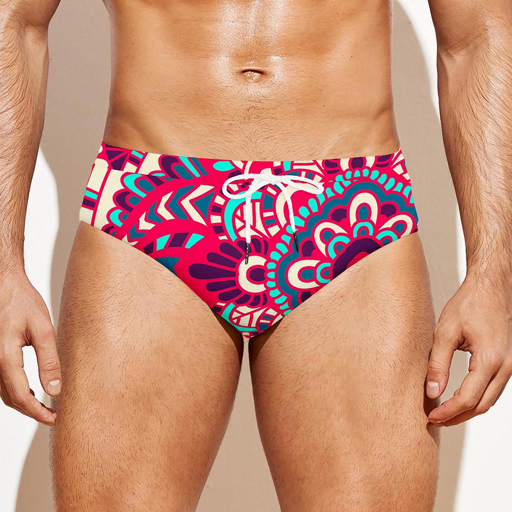Pink Teal Bohemian Mandala Pattern Print Men's Swim Briefs