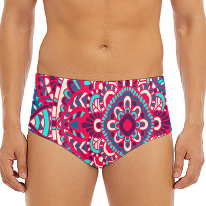 Pink Teal Bohemian Mandala Pattern Print Men's Triangle Swim Briefs