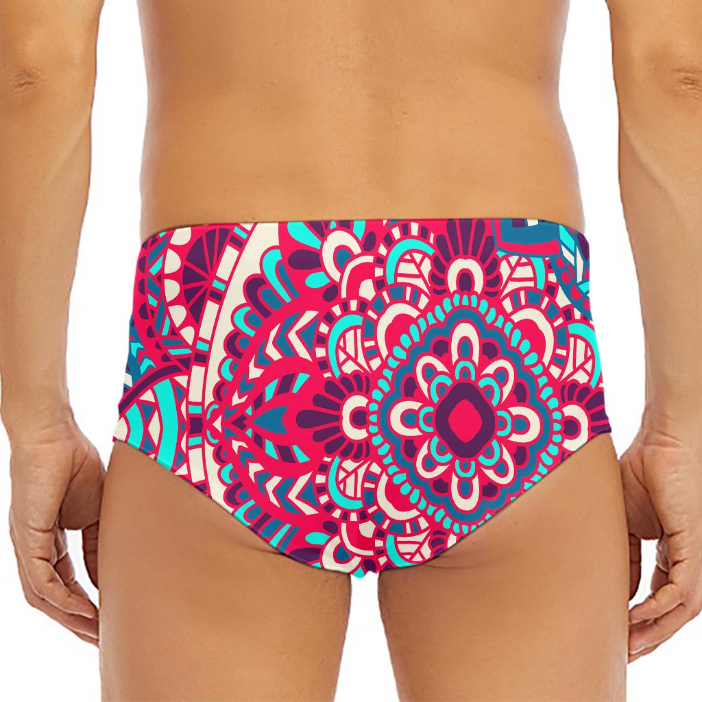 Pink Teal Bohemian Mandala Pattern Print Men's Triangle Swim Briefs