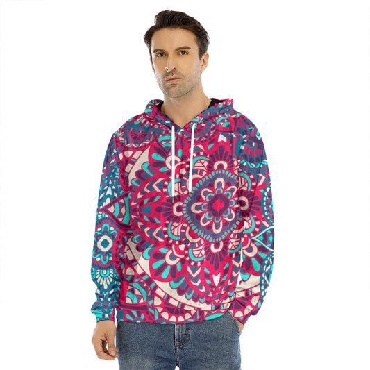 Pink Teal Bohemian Mandala Pattern Print Men's Velvet Pullover Hoodie