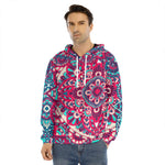 Pink Teal Bohemian Mandala Pattern Print Men's Velvet Pullover Hoodie