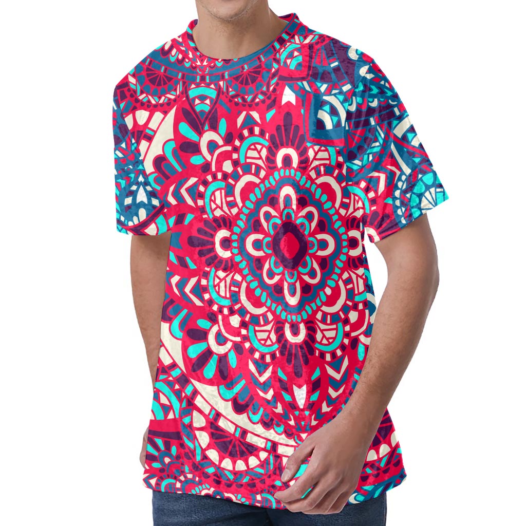 Pink Teal Bohemian Mandala Pattern Print Men's Velvet T-Shirt