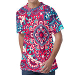 Pink Teal Bohemian Mandala Pattern Print Men's Velvet T-Shirt