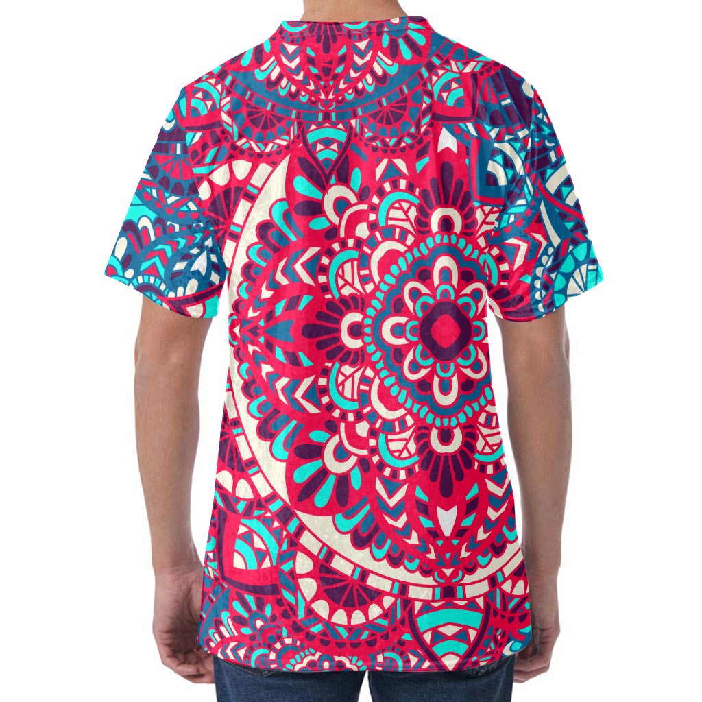 Pink Teal Bohemian Mandala Pattern Print Men's Velvet T-Shirt