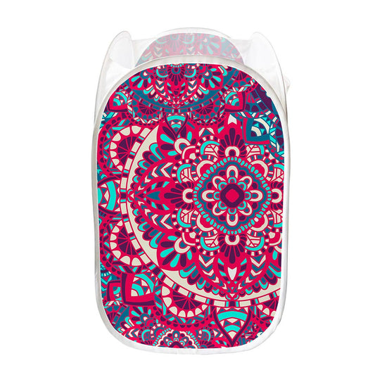 Pink Teal Bohemian Mandala Pattern Print Mesh Laundry Hamper