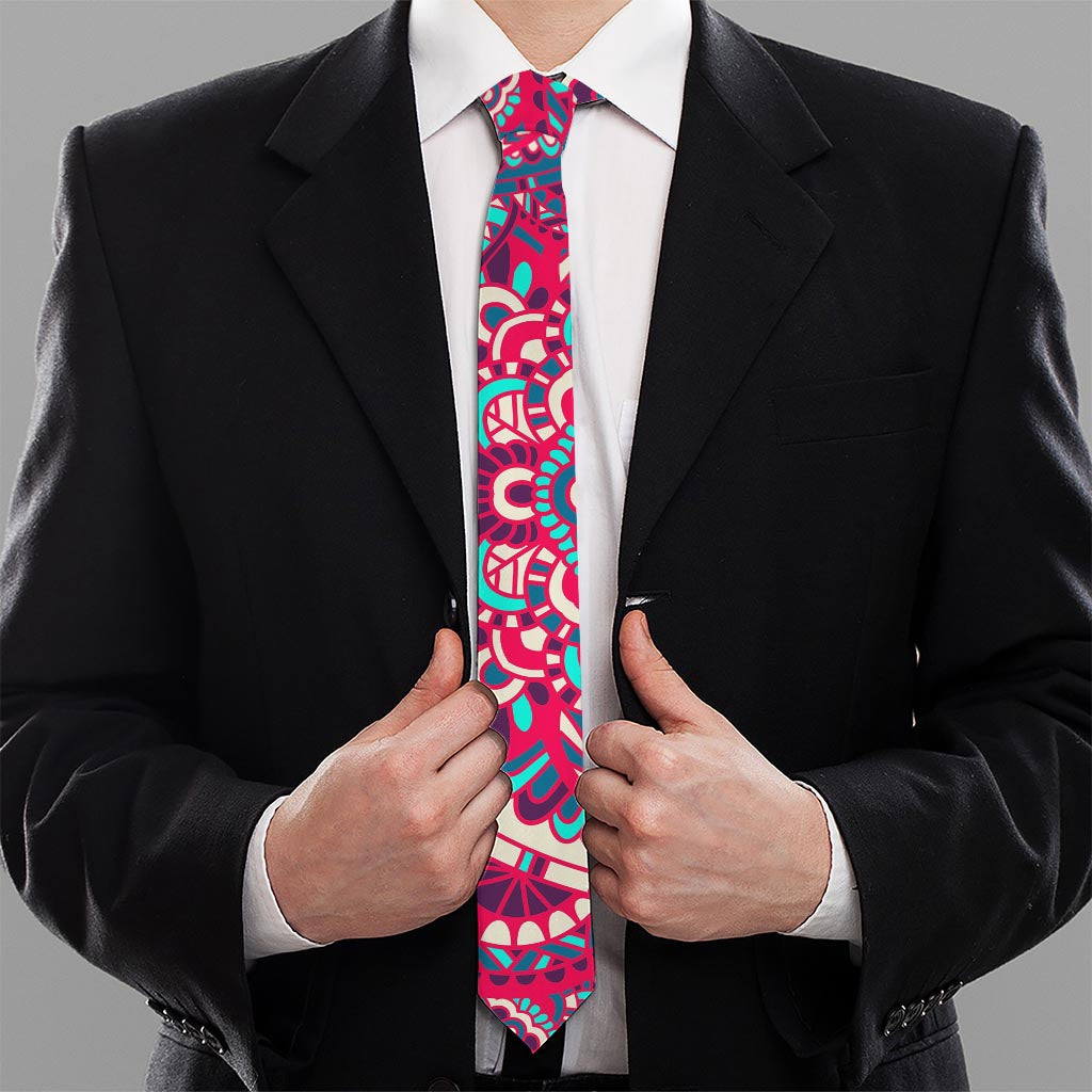 Pink Teal Bohemian Mandala Pattern Print Necktie