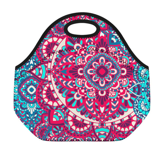 Pink Teal Bohemian Mandala Pattern Print Neoprene Lunch Bag