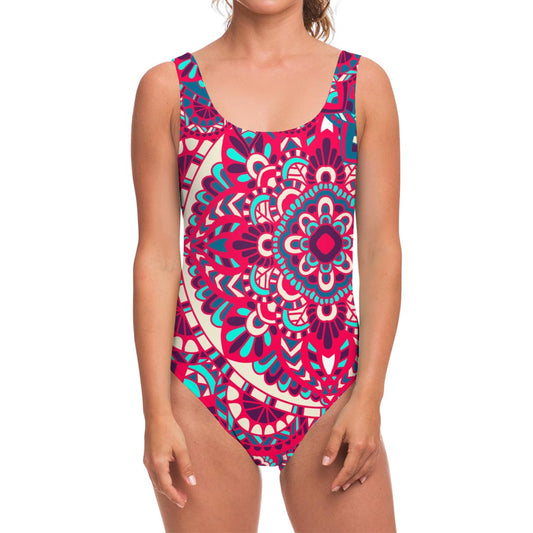 Pink Teal Bohemian Mandala Pattern Print One Piece Swimsuit
