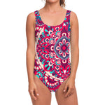 Pink Teal Bohemian Mandala Pattern Print One Piece Swimsuit
