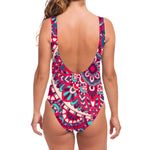 Pink Teal Bohemian Mandala Pattern Print One Piece Swimsuit
