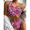 Pink Teal Bohemian Mandala Pattern Print One Shoulder Bikini Set
