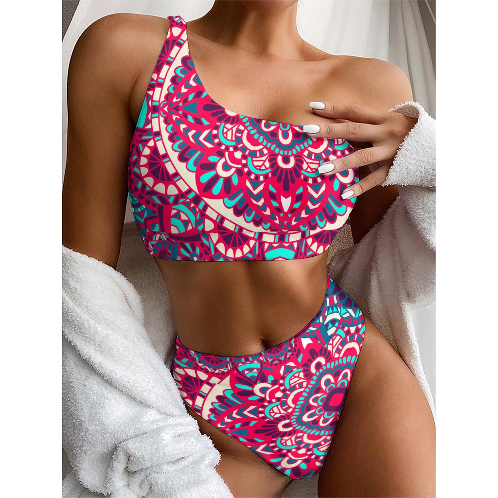 Pink Teal Bohemian Mandala Pattern Print One Shoulder Bikini Top