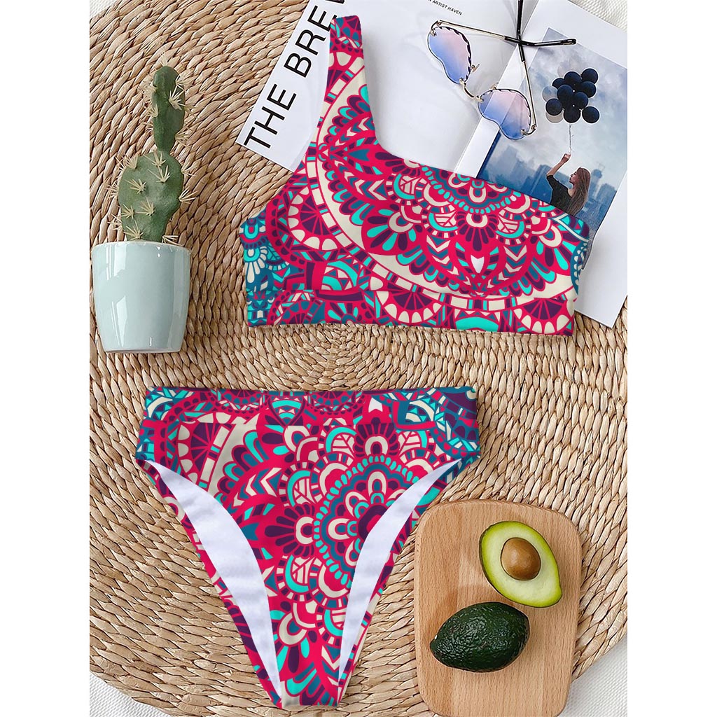 Pink Teal Bohemian Mandala Pattern Print One Shoulder Bikini Top
