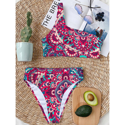 Pink Teal Bohemian Mandala Pattern Print One Shoulder Bikini Top
