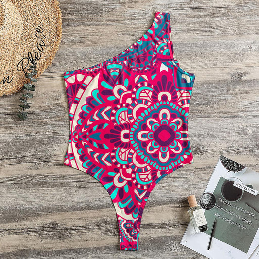 Pink Teal Bohemian Mandala Pattern Print One Shoulder Bodysuit