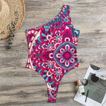 Pink Teal Bohemian Mandala Pattern Print One Shoulder Bodysuit