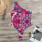 Pink Teal Bohemian Mandala Pattern Print One Shoulder Bodysuit