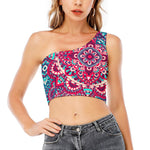 Pink Teal Bohemian Mandala Pattern Print One Shoulder Crop Top