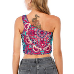 Pink Teal Bohemian Mandala Pattern Print One Shoulder Crop Top