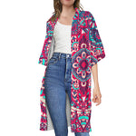 Pink Teal Bohemian Mandala Pattern Print Open Front Beach Cover Up