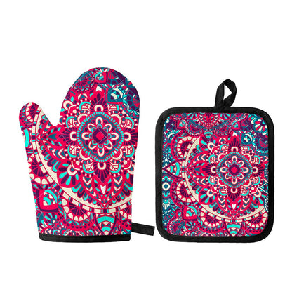 Pink Teal Bohemian Mandala Pattern Print Oven Mitt And Pot Holder Set