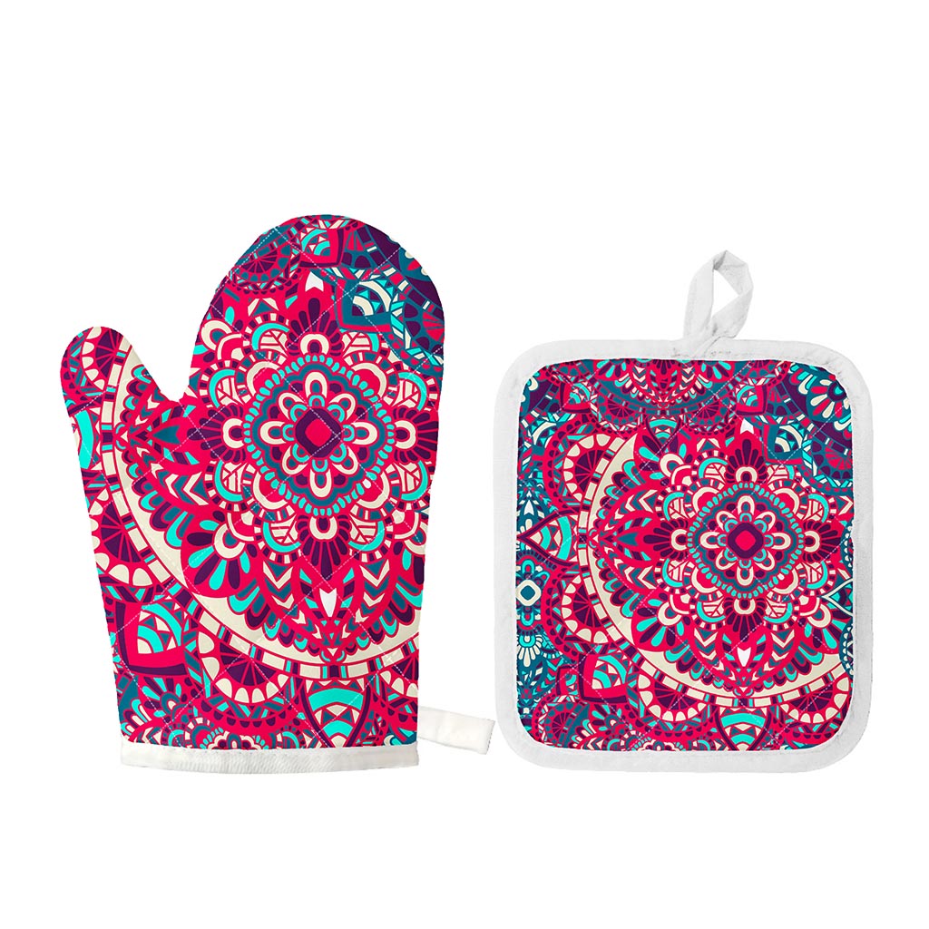 Pink Teal Bohemian Mandala Pattern Print Oven Mitt And Pot Holder Set