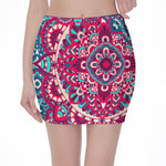Pink Teal Bohemian Mandala Pattern Print Pencil Mini Skirt