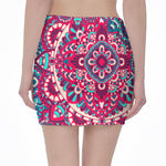 Pink Teal Bohemian Mandala Pattern Print Pencil Mini Skirt