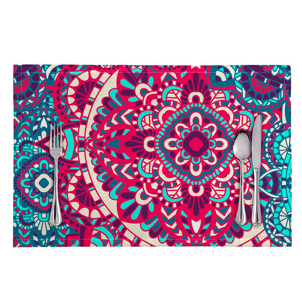 Pink Teal Bohemian Mandala Pattern Print Placemat