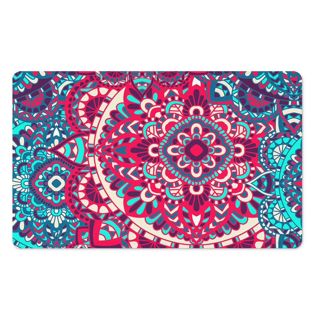 Pink Teal Bohemian Mandala Pattern Print Polyester Doormat