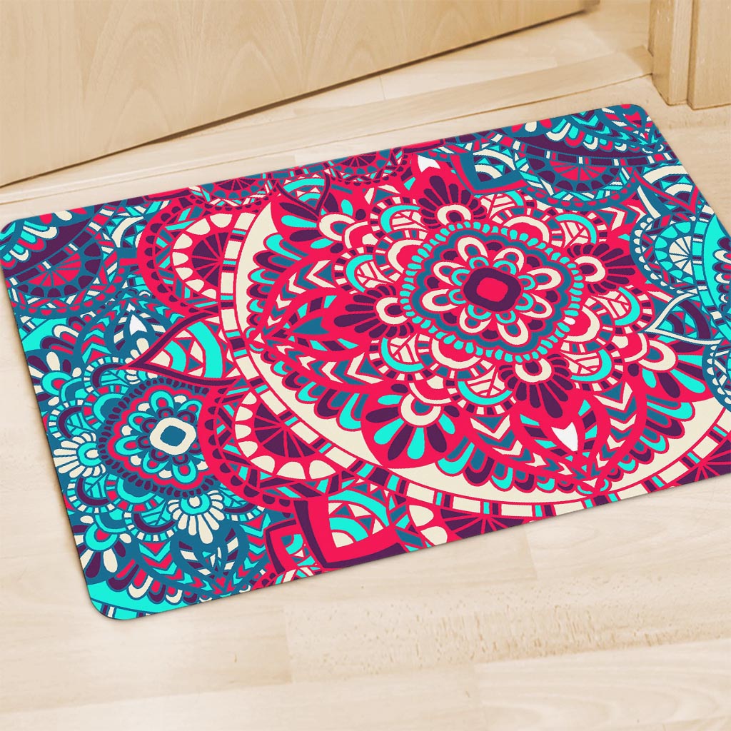 Pink Teal Bohemian Mandala Pattern Print Polyester Doormat