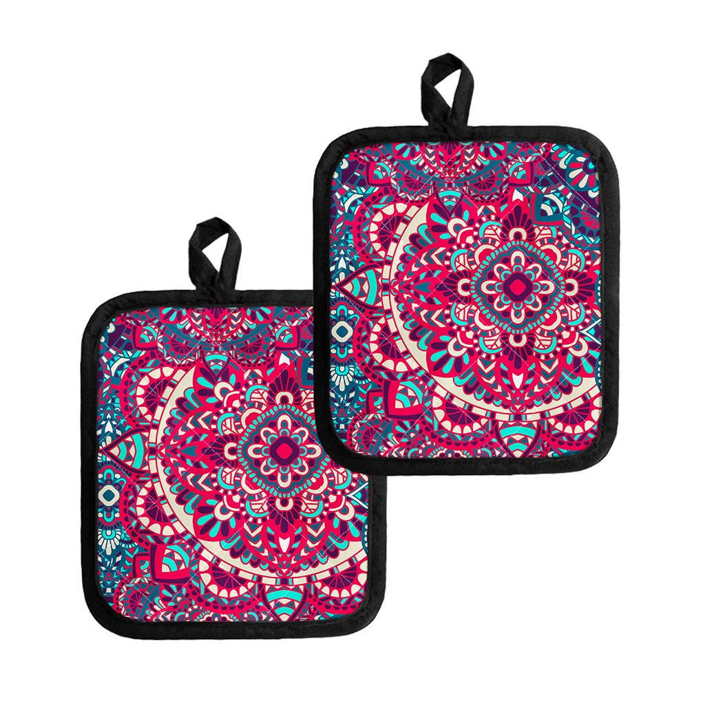 Pink Teal Bohemian Mandala Pattern Print Pot Holders