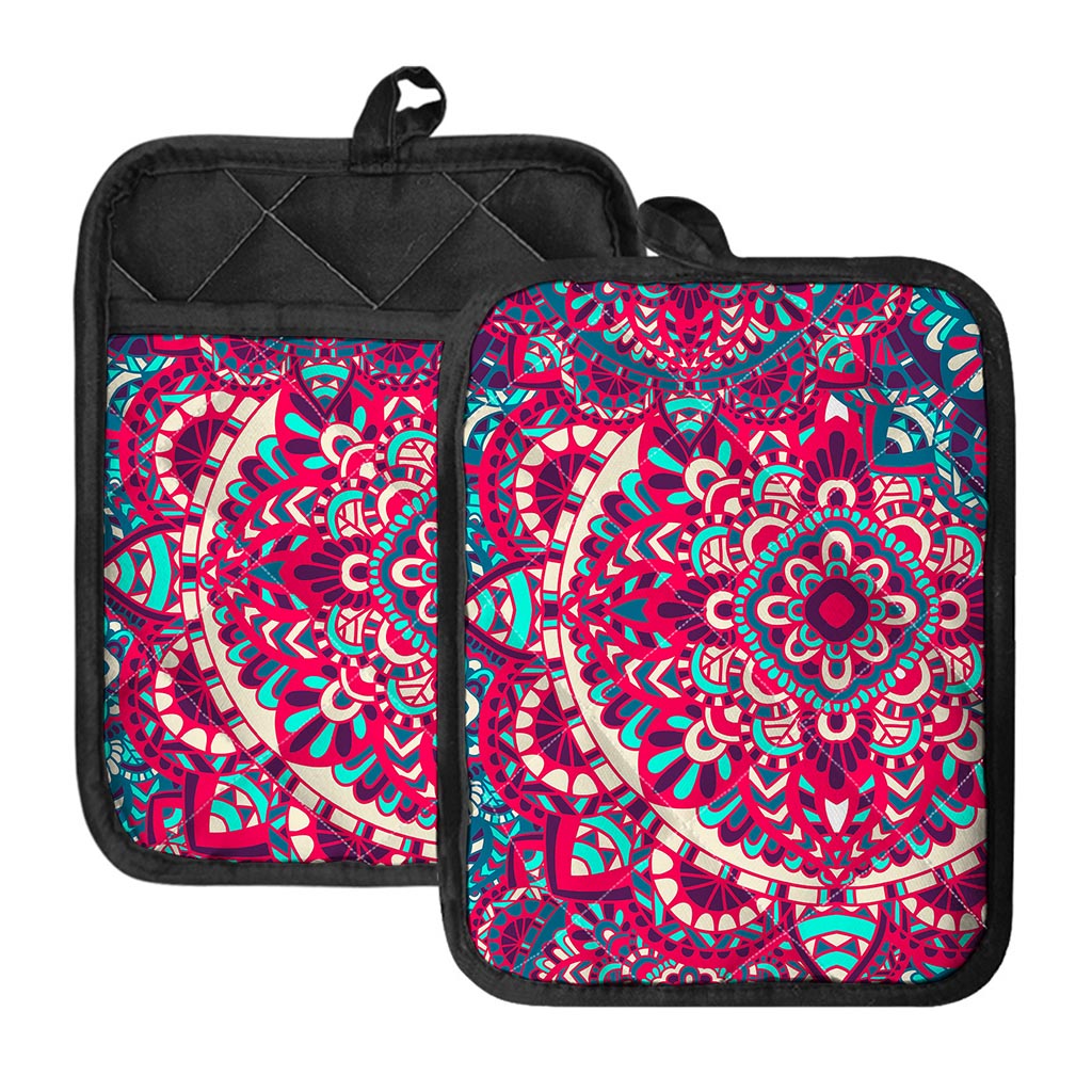 Pink Teal Bohemian Mandala Pattern Print Pot Holders With Pocket