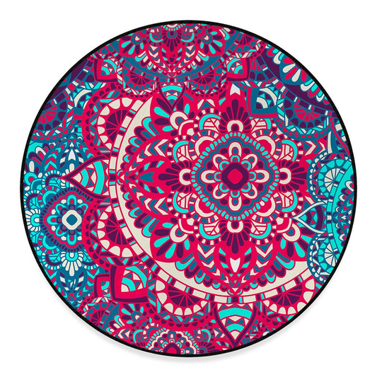 Pink Teal Bohemian Mandala Pattern Print Round Floor Mat