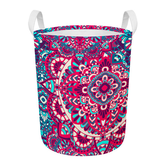 Pink Teal Bohemian Mandala Pattern Print Round Laundry Basket