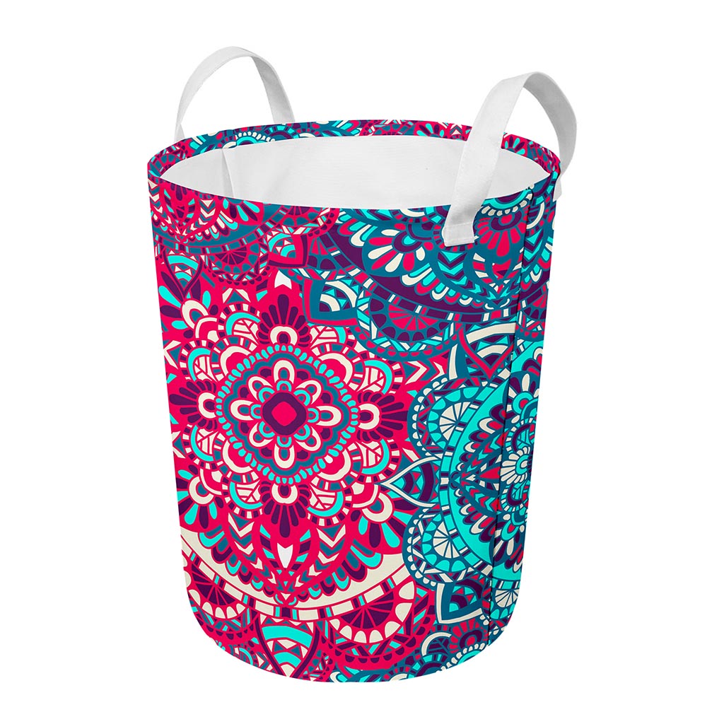 Pink Teal Bohemian Mandala Pattern Print Round Laundry Basket