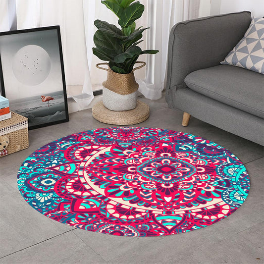 Pink Teal Bohemian Mandala Pattern Print Round Rug