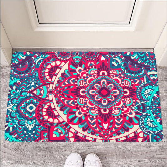 Pink Teal Bohemian Mandala Pattern Print Rubber Doormat