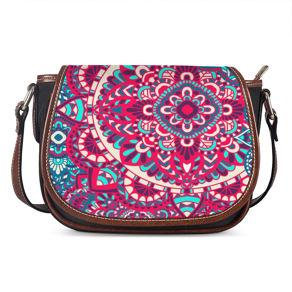 Pink Teal Bohemian Mandala Pattern Print Saddle Bag