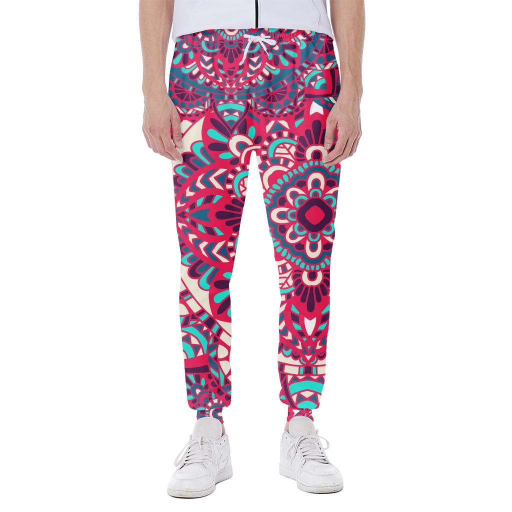 Pink Teal Bohemian Mandala Pattern Print Scuba Joggers