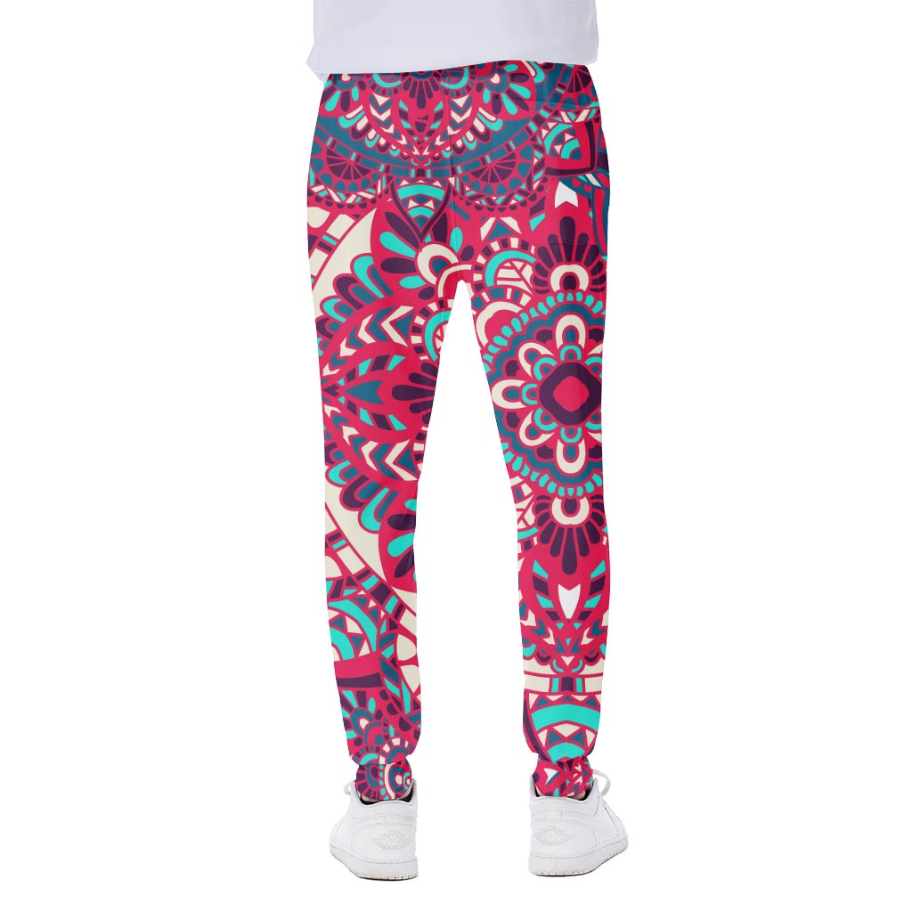 Pink Teal Bohemian Mandala Pattern Print Scuba Joggers
