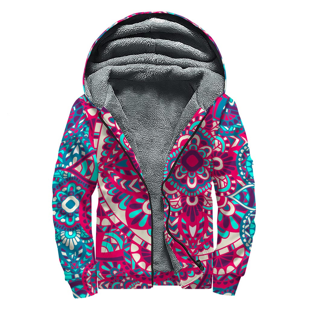 Pink Teal Bohemian Mandala Pattern Print Sherpa Lined Zip Up Hoodie