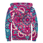 Pink Teal Bohemian Mandala Pattern Print Sherpa Lined Zip Up Hoodie