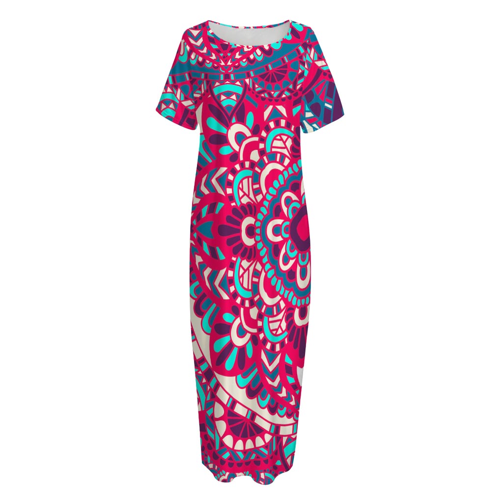 Pink Teal Bohemian Mandala Pattern Print Short Sleeve Long Nightdress