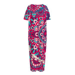Pink Teal Bohemian Mandala Pattern Print Short Sleeve Long Nightdress