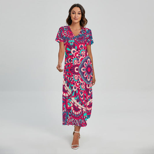 Pink Teal Bohemian Mandala Pattern Print Short Sleeve Maxi Dress