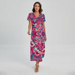 Pink Teal Bohemian Mandala Pattern Print Short Sleeve Maxi Dress