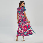Pink Teal Bohemian Mandala Pattern Print Short Sleeve Maxi Dress