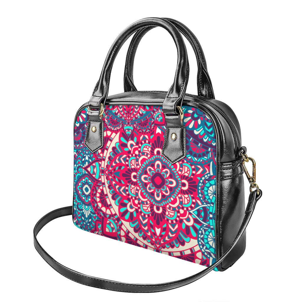 Pink Teal Bohemian Mandala Pattern Print Shoulder Handbag