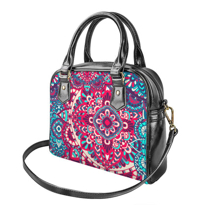 Pink Teal Bohemian Mandala Pattern Print Shoulder Handbag